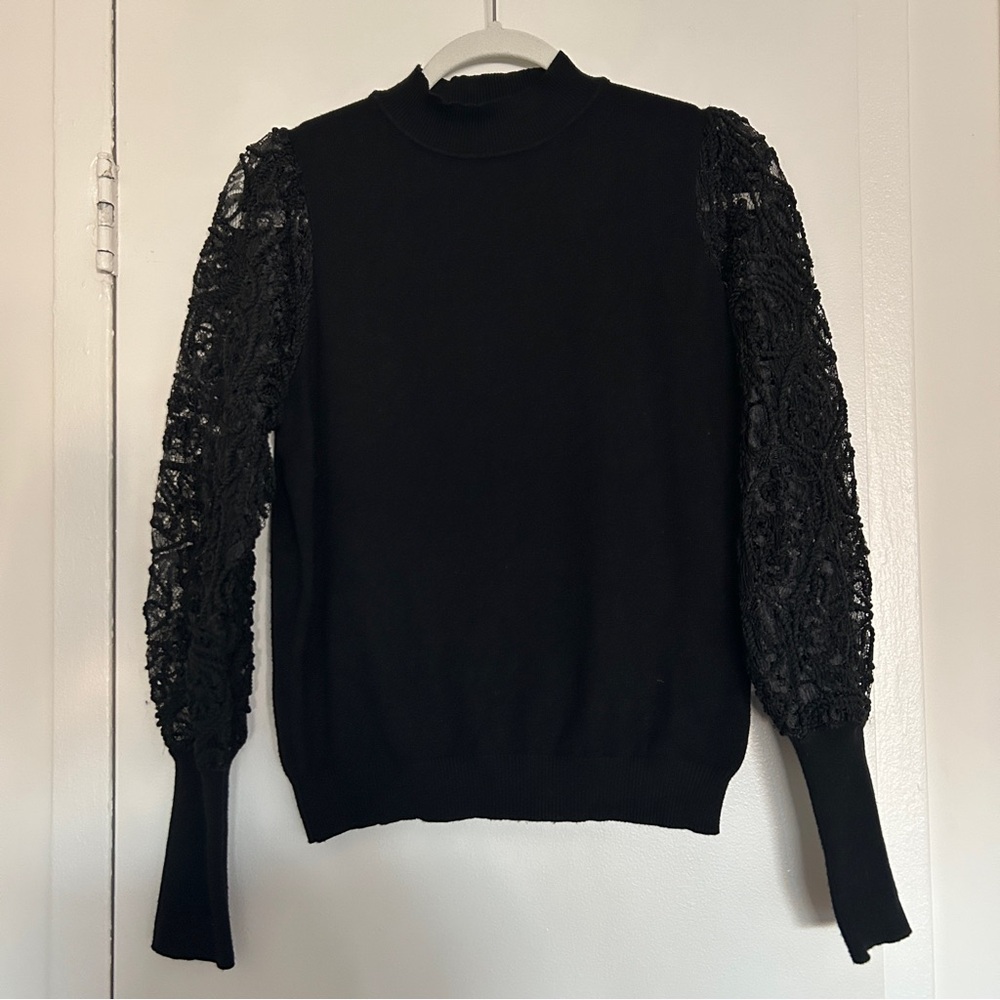 Nanette Lepore Black Sweater Top w/ Lace Sleeves Mock Neck Accent Cuffs (Size M)